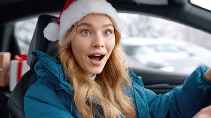 A cheerful woman wearing winter clothing and a festive hat drives a car filled with presents and a Christmas tree, embracing holiday spirit