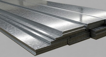 A neat stack of galvanized metal strips or flat bars, showcasing their smooth, reflective surfaces and uniform dimensions, indicative of high-quality industrial materials.
