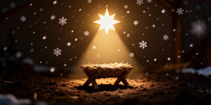 Nativity scene with an empty manger under a glowing star. The birth of Jesus Christ concept. Christian Christmas background with falling snow in a stable