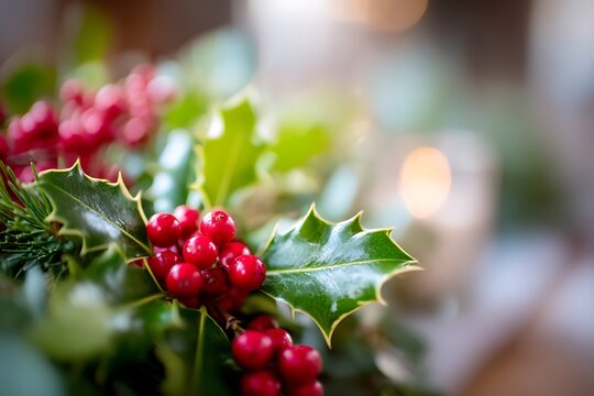 Close-up of bright red holly berries and spiky green leaves, a classic Christmas decoration, with soft, golden bokeh lights in the background. Symbolizes holiday tradition and warmth. - Powered by Adobe