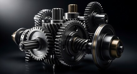 A detailed close-up of an intricate metallic gear assembly, featuring various sizes of intermeshing cogs and shafts, set against a dramatic dark background. 
