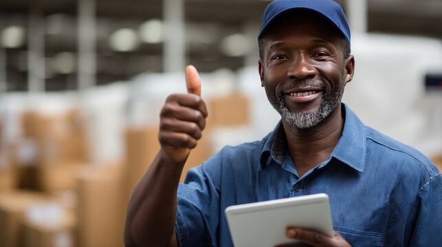 A cheerful delivery worker stands with a tablet, showing a thumbs up in front of stacked cardboard boxes in a storage space