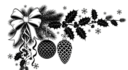 Christmas corner decoration with a bow, pine branches, ornaments, and snowflakes