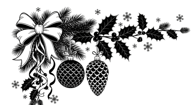 Christmas corner decoration with a bow, pine branches, ornaments, and snowflakes