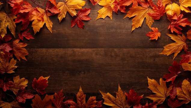 Autumnal Arrangement of Colorful Leaves on a Wooden Surface, a Textured Composition.