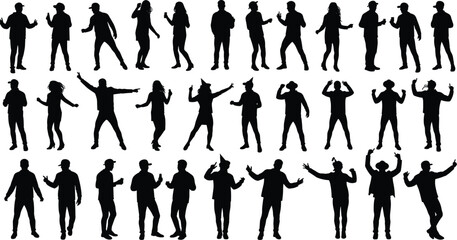 Collection of dancing people silhouettes in various poses celebrating party music fun entertainment and joyful lifestyle together