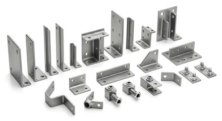A comprehensive assortment of various polished metallic brackets and connectors, meticulously arranged and isolated on a pristine white background.