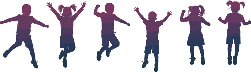 Happy group of children jumping together in colorful silhouette representing fun, joy, freedom, energy, and childhood happiness