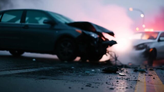 4K A major car collision scene showing two severely damaged vehicles with crumpled front ends, shattered glass, and debris scattered across the roadway. The photo captures the raw aft