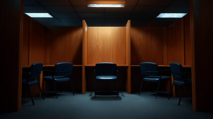 Empty study space with wooden partitions and blue chairs in a quiet room during evening hours Generative AI