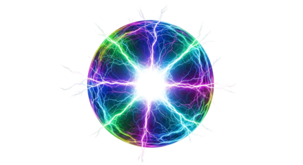 Glowing Plasma Sphere, Rainbow Electric Arcs and White Lightning Bursts, isolated on white or transparent background, AI
