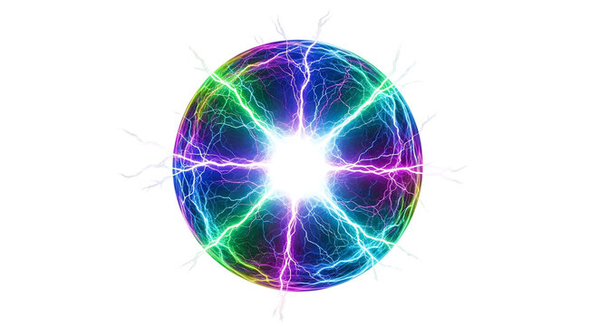 Glowing Plasma Sphere, Rainbow Electric Arcs and White Lightning Bursts, isolated on white or transparent background, AI
