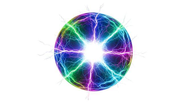 Glowing Plasma Sphere, Rainbow Electric Arcs and White Lightning Bursts, isolated on white or transparent background, AI