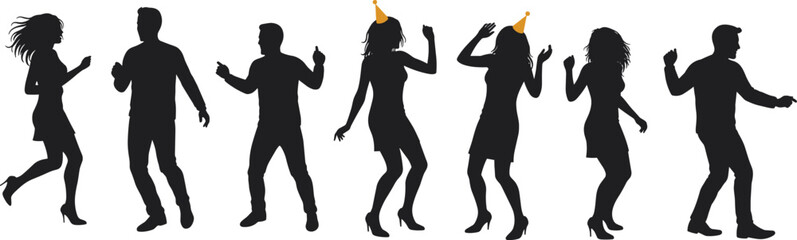 Silhouette of men and women dancing in celebration wearing party hats enjoying music fun and festive atmosphere together