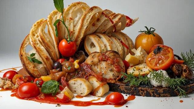 Italian cuisine deconstructed food ingredients on white background.