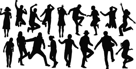 Silhouette people dancing and jumping in various poses, active men and women celebrating joy vector illustration design