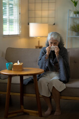 senior woman recovers from cold flu at home during winter