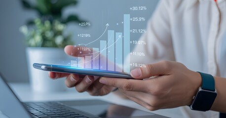 Analyzing financial data on smartphone, business growth concept