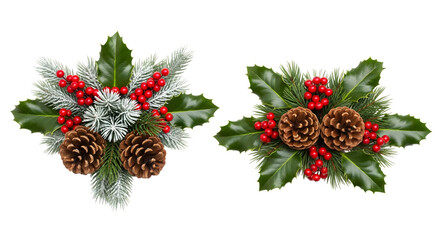 Two christmas floral arrangements with pine cones, holly leaves, red berries, and frosted fir branches