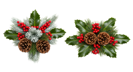 Two christmas floral arrangements with pine cones, holly leaves, red berries, and frosted fir branches