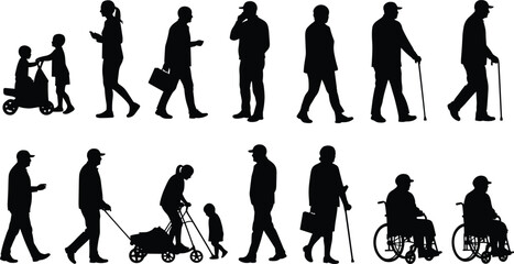 Silhouettes of people walking, pushing strollers, using canes and wheelchairs representing different ages, stages, and mobility levels