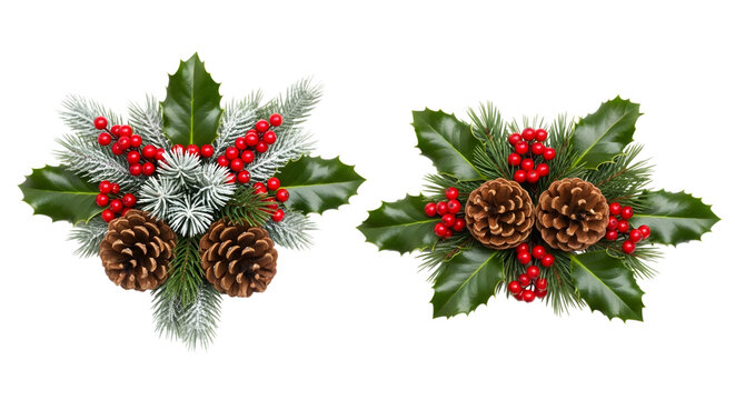 Two christmas floral arrangements with pine cones, holly leaves, red berries, and frosted fir branches - Powered by Adobe