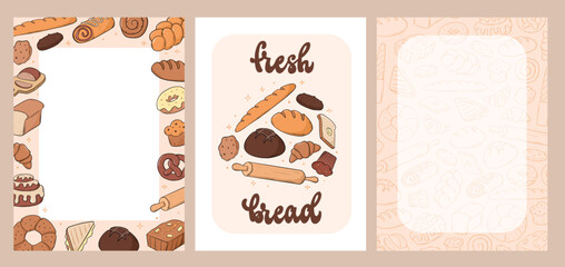 Note pages, banners, prints, cards decorated with bread doodles. Shopping list template, recipe book page. EPS 10