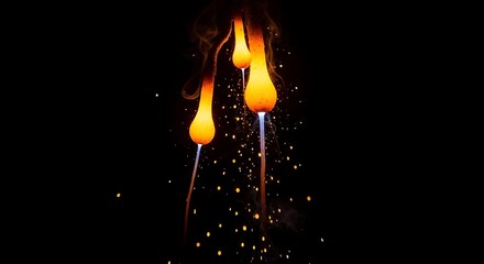 Mesmerizing close-up of three incandescent, molten glass drops suspended, emanating vibrant orange and yellow hues, resembling fiery teardrops against a stark, dramatic black background. 