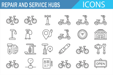 Collection of vector icons for repair shops, scooters, and tool stations