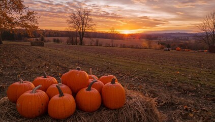Autumnal Harvest, Golden Hour, Pumpkin Patch, Sunset, Serene, Countryside Beauty.
