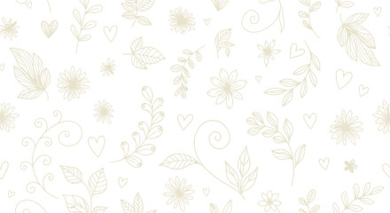 Floral and Hearts Pattern with Leaves, Ornament, and Flowers on White Background