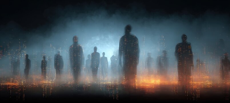 Anonymous Urban Silhouettes Dissolving into Digital Code, AI Control Concept Art