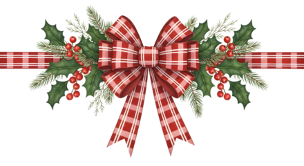 A festive christmas decoration featuring a large red and white plaid bow, surrounded by green pine branches and red holly berries, with a plaid ribbon border