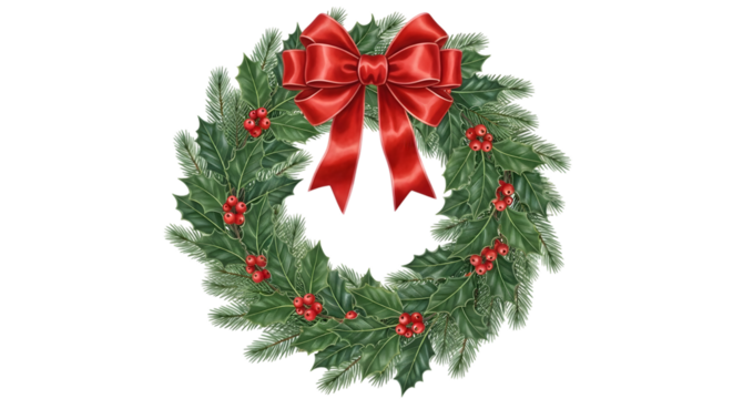 A festive christmas wreath made of green pine branches, adorned with red holly berries and a large red satin bow