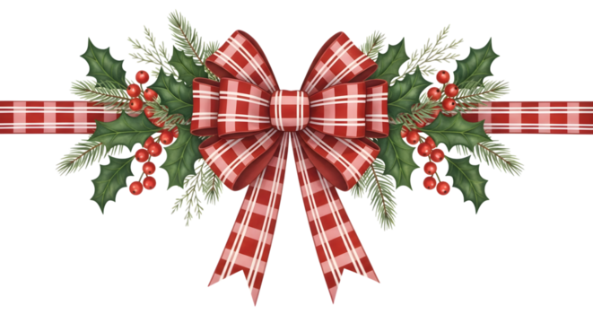 A festive christmas decoration featuring a large red and white plaid bow, surrounded by green pine branches and red holly berries, with a plaid ribbon border