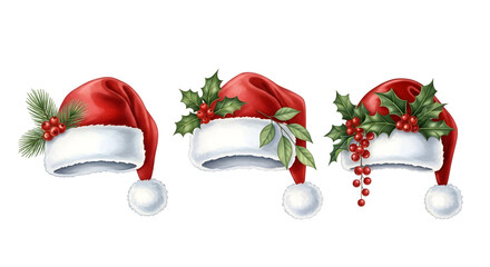 Three santa claus hats decorated with holly leaves and red berries