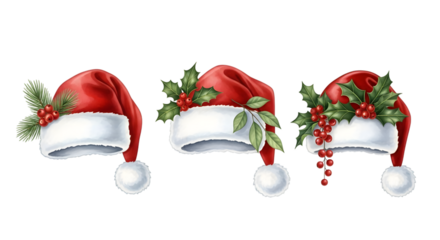 Three santa claus hats decorated with holly leaves and red berries