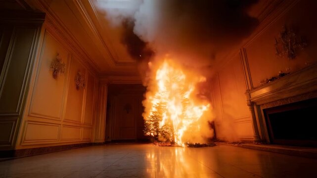 4K This image depicts a dramatic and intense indoor fire scene a Christmas tree engulfed in flames inside an elegant, traditionally decorated room. The fire consumes the