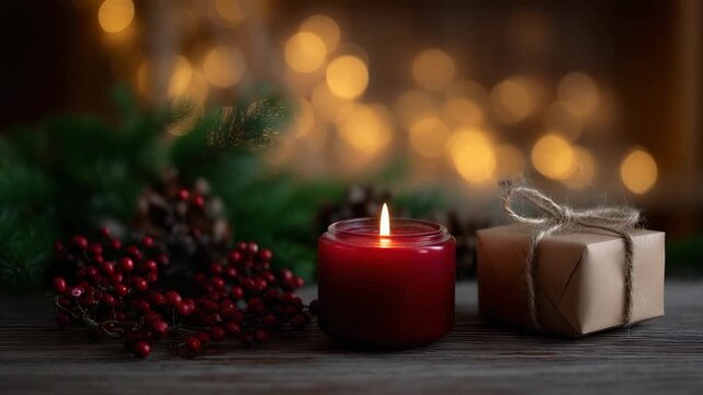 4K This image captures a classic and intimate Christmas still life, centered around a glowing red candle, a small rustic gift wrapped in kraft paper and twine