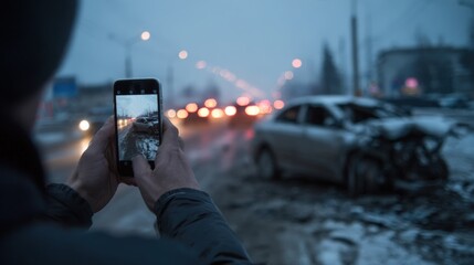 Fototapeta premium Bystander Captures Wrecked Cars with Smartphone in Cold Evening Light