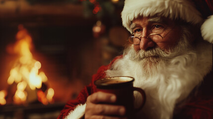 Cinematic portrait of Santa Claus resting by a warm fireplace, holding a mug and wearing glasses, with a kind, tired expression