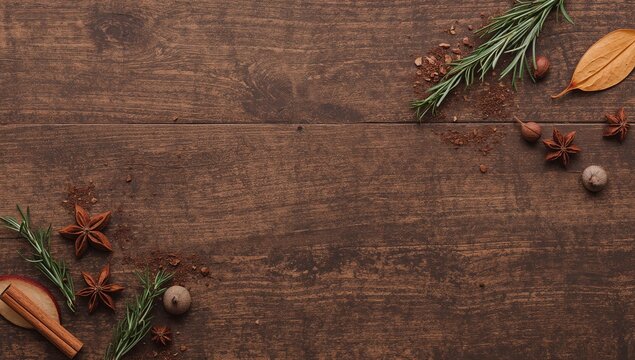 Autumnal Still Life Spices, Herbs, and Wooden Texture Create a Cozy Composition.