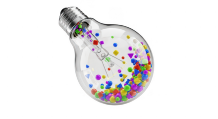 Colorful geometric shapes filling a transparent light bulb, symbolizing creativity, innovation, and diverse ideas flowing freely within isolated on transparent background