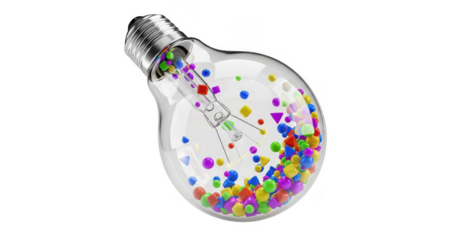 Colorful geometric shapes filling a transparent light bulb, symbolizing creativity, innovation, and diverse ideas flowing freely within isolated on transparent background