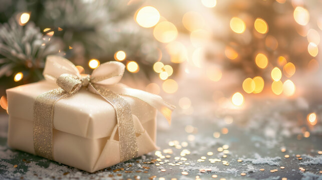 Christmas or holiday gift box with golden ribbon and bow, close-up with extreme shallow depth of field and beautiful gold bokeh lights in the background