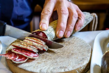 Hands of a man cutting fuet with a knife on wood. fuet, espetec, tastet, petador or secallona is a...