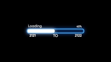Neon blue loading bar from year 2121 to 2122 with 27 percent complete progress bar progress