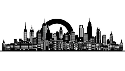 Naklejka premium Urban Silhouette. A striking black-and-white city skyline silhouette showcases a dense mix of architectural styles—spires, domes, and a grand arch rising above the urban horizon.