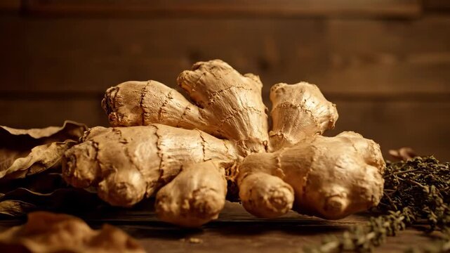 Ginger root and dried herbs on a rustic wooden surface still life