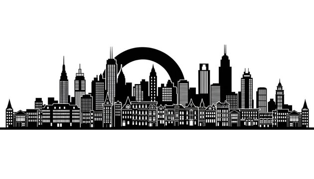 Urban Silhouette. A striking black-and-white city skyline silhouette showcases a dense mix of architectural styles—spires, domes, and a grand arch rising above the urban horizon. - Powered by Adobe